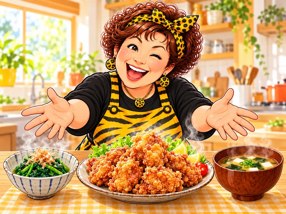 段取りおばちゃんが、唐揚げ・ほうれん草のおひたし・豆腐とわかめのみそ汁を、両手で差し出している