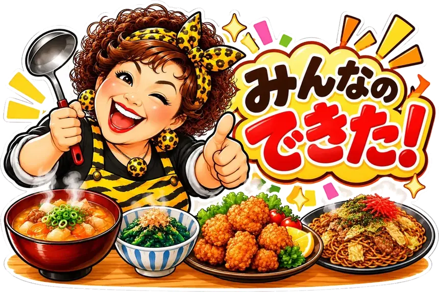 おたまを持ったおばちゃんが、豚汁・おひたし・唐揚げ・焼きそばの前で、親指を立てて笑っている。「みんなのできた!」