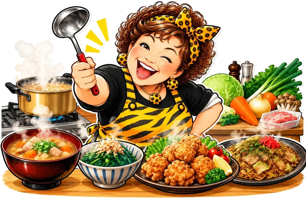 おたまを持ったおばちゃんが、豚汁・おひたし・唐揚げ・焼きそばの4品を前に、笑っている